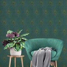 Peacock Feathers blue olive dijon brass faux fabric contemporary wallpaper rolls