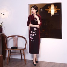 Women Autumn Velvet Qipao Dress Chinese National Embroidery Cheongsam Ball Gown