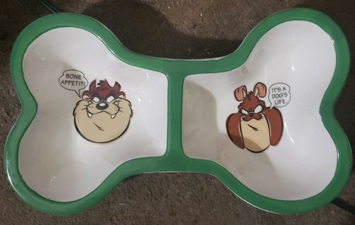 Chow down chow hound tazmanian devil Dog Bone Shaped Ceramic Food / Water Dish
