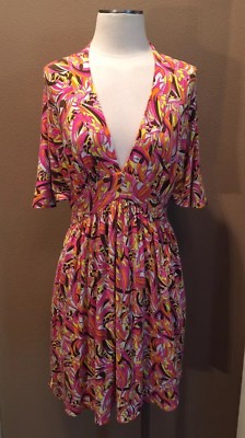 Anthropologie Milly L Mod Print V Neck Jersey Dress W Short Flutter Sleeves