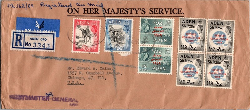 1959 Aden Registered Crossed Cover Airmail to Chicago IL USA multi stamps