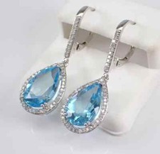 Lab Created Blue Topaz 3CT Pear Cut Halo Dangle Earrings 14K White Gold Plated