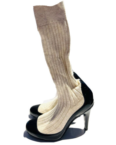 CHANEL Paris CC Black Patent Leather Beige Women’s Sock Booties Shoes