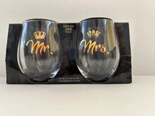 NIB Mr. Mrs. Happy Wife Happy Life Stemless Wine Glasses - 18k Gold, Set of 4
