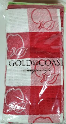 Gold Coast ~ 15 Cotton Apple Waffle Weave Kitchen Towels Red/Green/Orange NEW