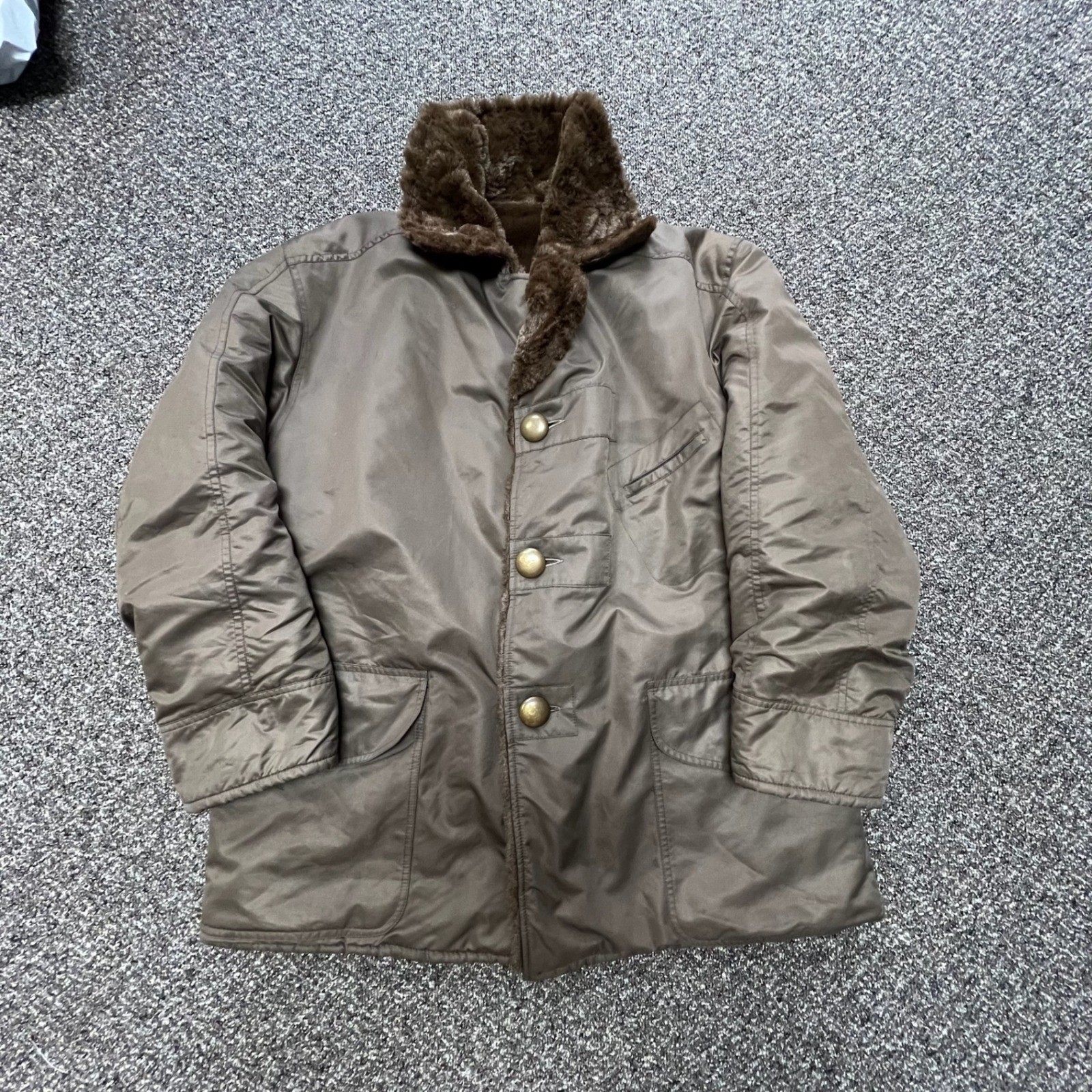 Vintage Military Parka Jacket Mens XL Olive Brown Faux Fur Lined Utility Coat