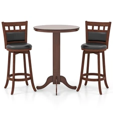 3 PCS Wood Bar Dining Set Table w/Pedestal Base & 2 Upholstered Swivel Stools