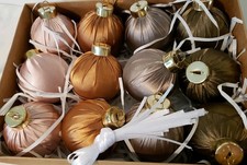 12 Satin Covered Ornaments 2.5" Pale Pink Grey Olive Rust Gold Accents White...
