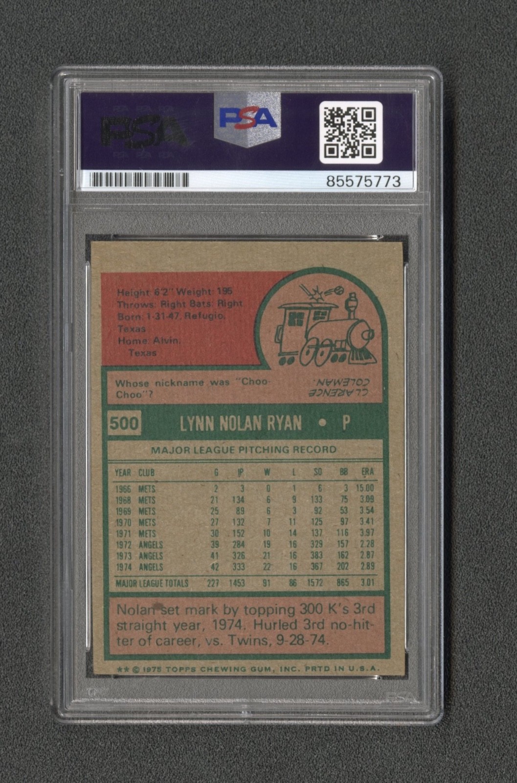 1975 Topps Nolan Ryan Inscription 324 Wins 5714 K's Auto #500 PSA 10 Gem view 2
