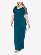 Xscape Emerald Green Formal Gown Size 18 Beaded Sleeve Ruched Evening