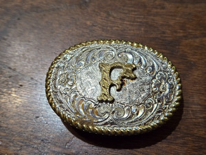 Vintage Crumrine Belt Buckle “F” Initial Monogram Western Oval 2.25" x 1.5"
