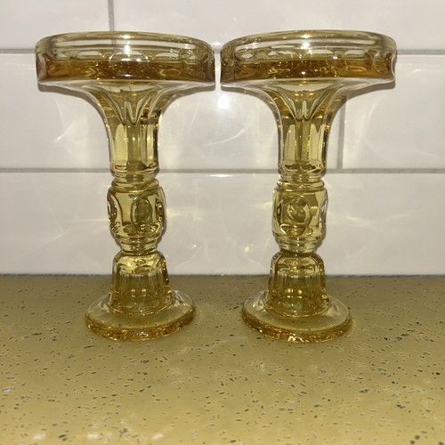 Fostoria Hermitage Topaz Yellow Gold Pillar Candlesticks 6” Wide Base Reversible - Picture 6 of 10
