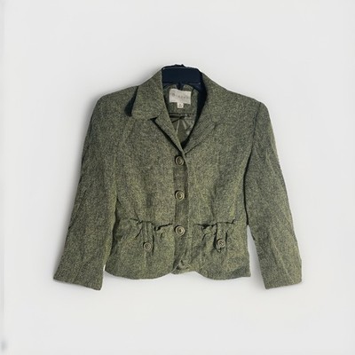 Vintage Biacci Cropped Tweed Jacket Women 4 Green Y2K Button Up Pockets Career