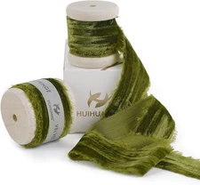 Olive Green Velvet Ribbon - 1 Inch Green Crinkled Fringe Frayed Ribbon for Gift 