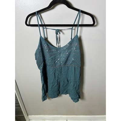 Tokyo Darling Womens XL Teal Blue Sequin Boho Cami Top Adjustable Straps NWT