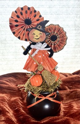 Handmade Vintage Halloween Pumpkin Pipe Cleaner Cutie On A Cauldron Decoration