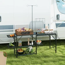Outsunny Folding Camp Kitchen, Cooking Station with Adjustable Lamp Stand