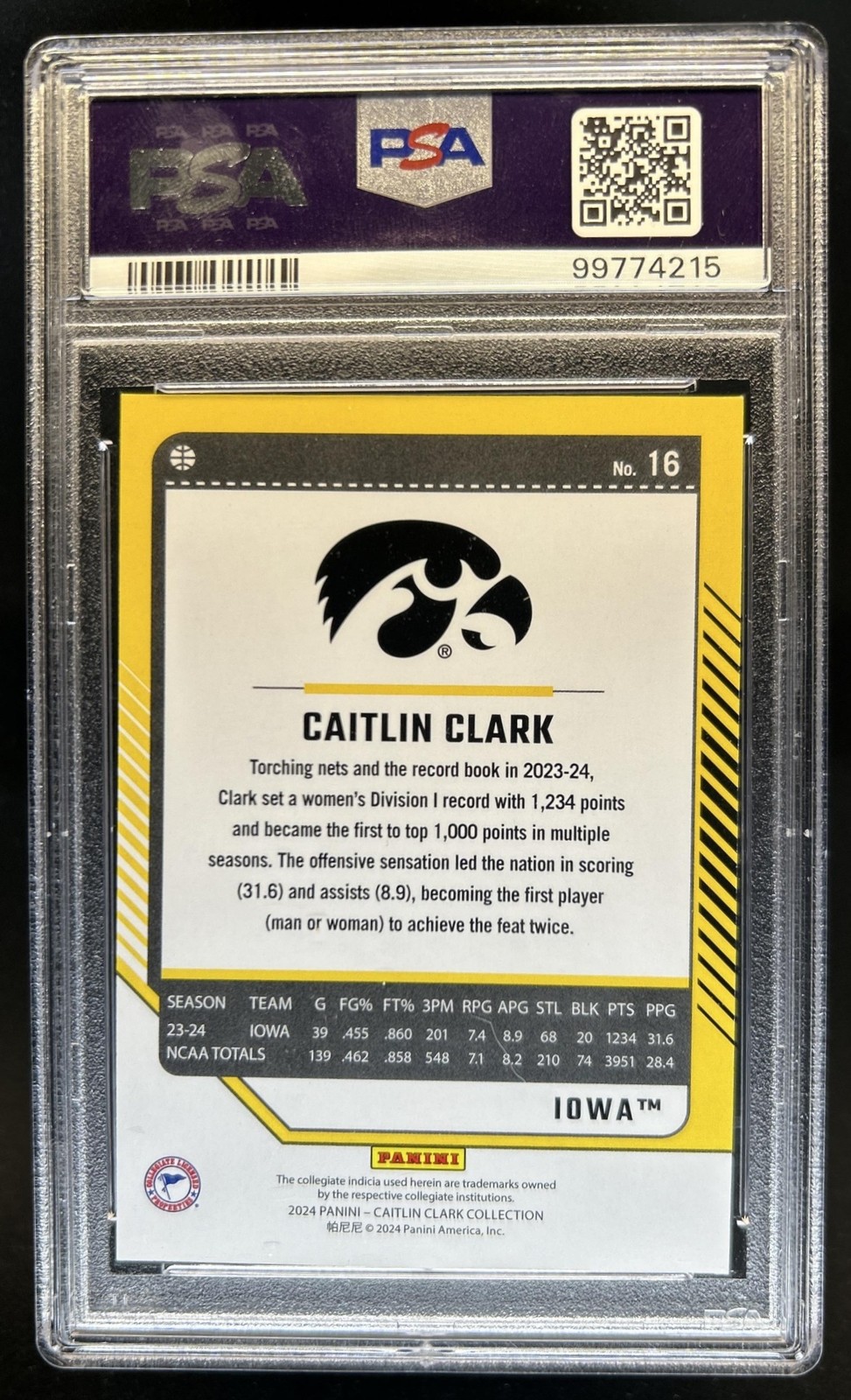 2024-25 Panini Caitlin Clark Donruss Rookie RC #16 Hawkeyes PSA 10 view 2