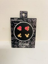 Disney Minnie Mickey Mouse Stud Earrings 2 Pair Pink Glitter Gold Tone - NEW
