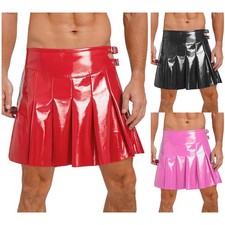 Mens Roman Gladiator PU Skirt Double Waist Side Slit Pleated Skirt Halloween