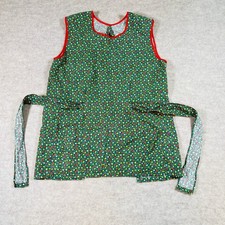 Vintage Green Floral Smock Apron Tie Back Red Trim Pockets