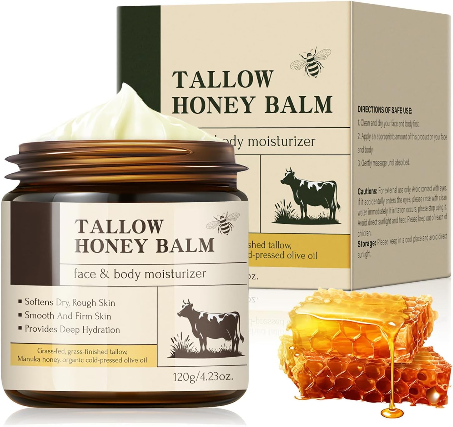 Tallow and Honey Balm for Face and Body, Grass-Fed Beef Tallow Moisturizer with