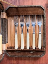 Vintage Fish Knife & Fork Set, Bone Handles, Chrome Plated, Boxed, 11 Pieces