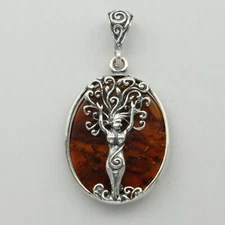 Cognac / Brown BALTIC AMBER Mother Earth Gaia Pendant 925 STERLING SILVER #4967e