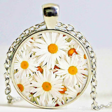DAISY WHITE FLOWERS charm pendant Sterling 925 plated Silver 22" necklace Gift