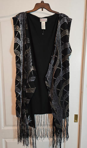 NEW Free People Sleeveless Fringe Draped Kimono Black/Silver Velvet Accents OS