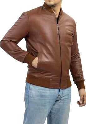 Blouson souple bombardier marron élégant en cuir fait main pour hommes motard... - Photo 1/4