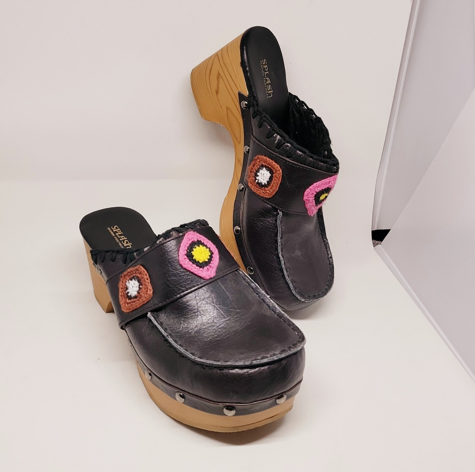 Boho Brown Faux Leather Clogs with Granny Squares Size 5.5 Slide-On Shoes-image