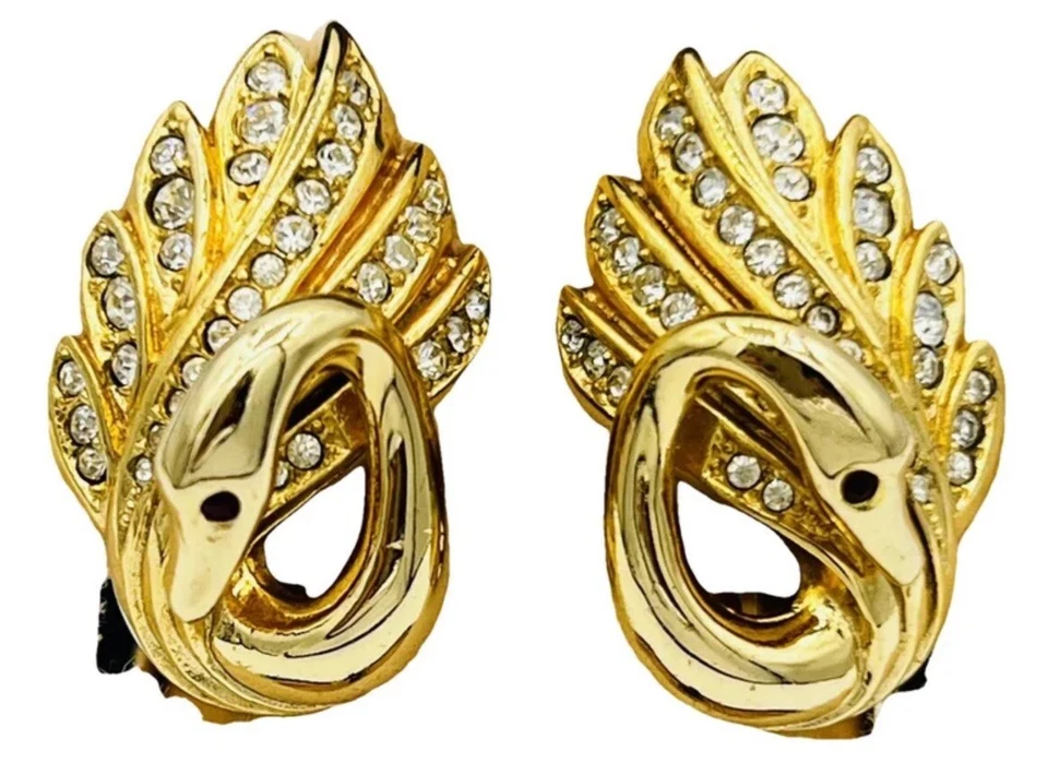 Vintage Grossé Hersteller für Dior Schwan Kristall Vergoldet Ohrringe/Ohrclips.