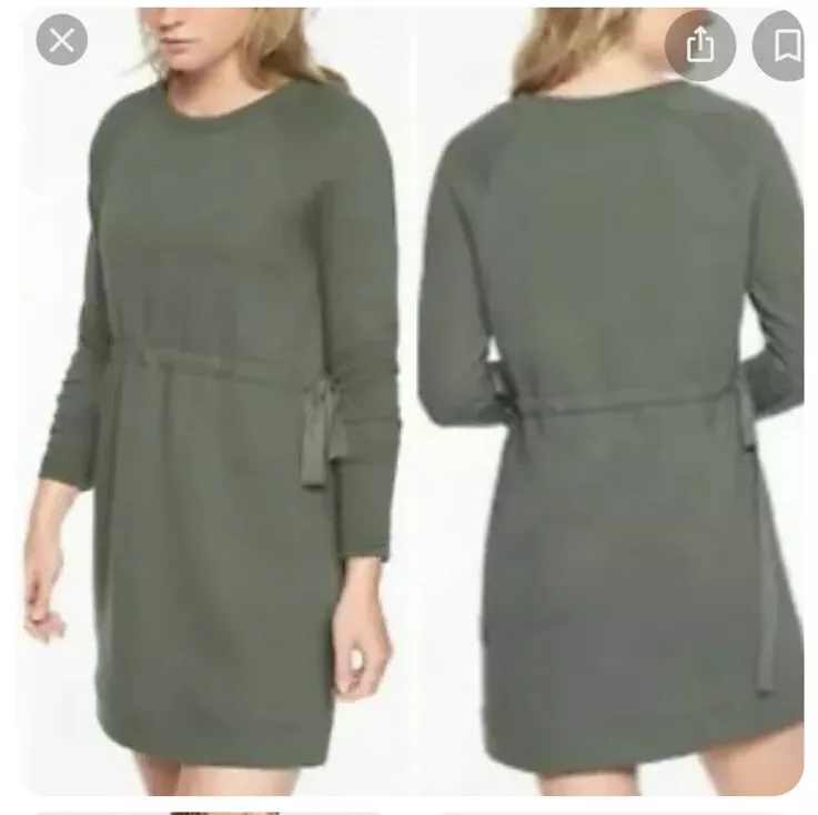 Athleta Studio Cinch Sweatshirt Dress In Olive Green Size S Long Sleeve Tie  Side | eBay