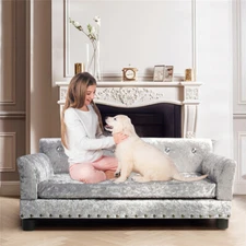 Large Velvet Dog Sofa Bed Soft Foam Cushion Couch Chair Bed w/ Armrest Backrest