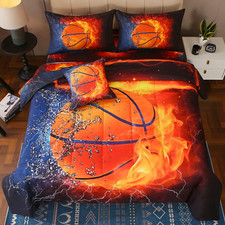 Full Baketball and Fire Comforter Sets for Boys,6 Piece Bed in a Bag 3D Sport Th