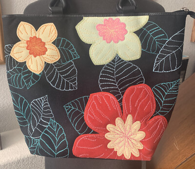 Talbots Black Floral Canvas Zipper Tote Bag