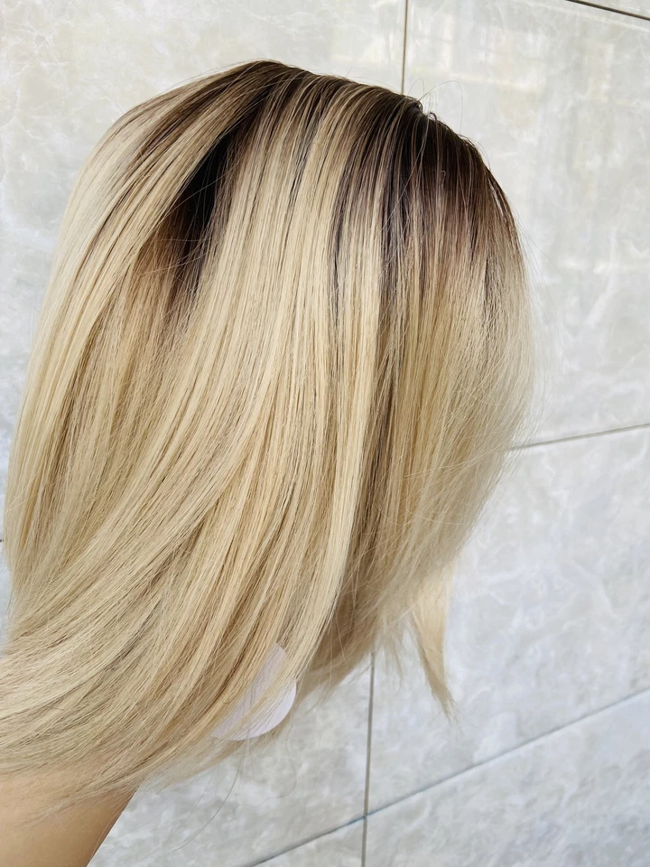 Pelucas de cabello sintético rubio bob ombre suave foto real con flequillo mujeres naturales Foto 2 de 4