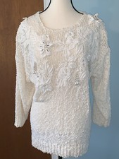 Bonnie And Bill By Holly Vintage Knit Sweater Ivory Fabric Flower Pearls M