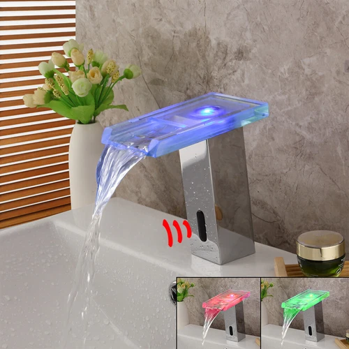 Touchless LED Waterfall Glass Spout Bathroom Basin Sink Sensor Faucet Brass Taps