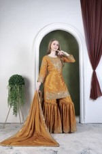 Indian Designer Chinnon Silk Mustard Yellow Top Sharara And Dupatta For Function