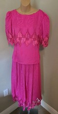 Vintage 80s Cloak of Many Colors Silk Skirt Set Pink Fuchsia Lace 2pc Faded Sz 8