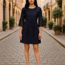 Eliza J Sz 4 Black Velvet Lace Blue Lining Bell Sleeve Fit Flare Dress