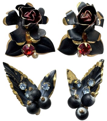 Vtg Lot Of 2 Austria Black Enamel Gold Tone Earrings Flower Rose Bud Leaves