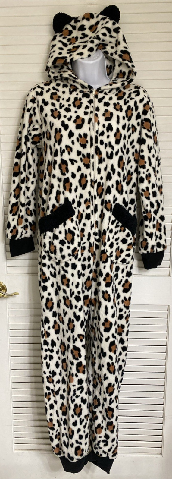 Women's Leopard Cheetah Spots Hooded Fleece Union Suit Pajama, Small (4-6) Tail