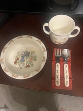 Royal Doulton Bunnykins 2 Piece Child Set Bowl 2 Handle Mug With Spoon And Fork