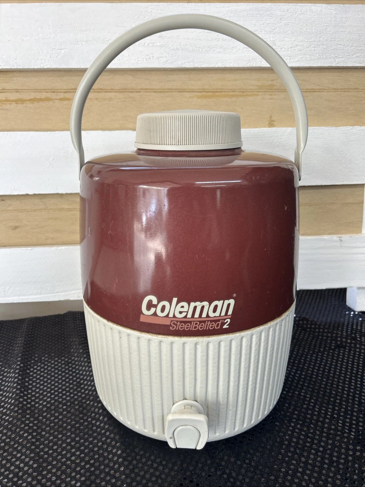 Vintage 1986 Maroon Coleman Steel Belted 2 Cooler With Cup