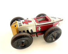Vintage Small 5" Marx Tin Wind-up 4 Red and White Race Car, No Driver