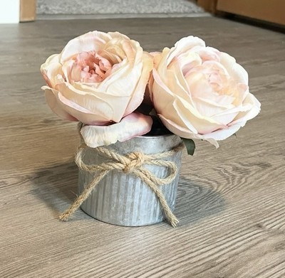 Rustic Style Faux Rose Flowers In Galvanized Metal Planter