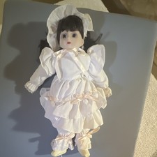 Baby Girl Doll Blue Eyes Black Straight Hair White Outfit w/ Bonnet
